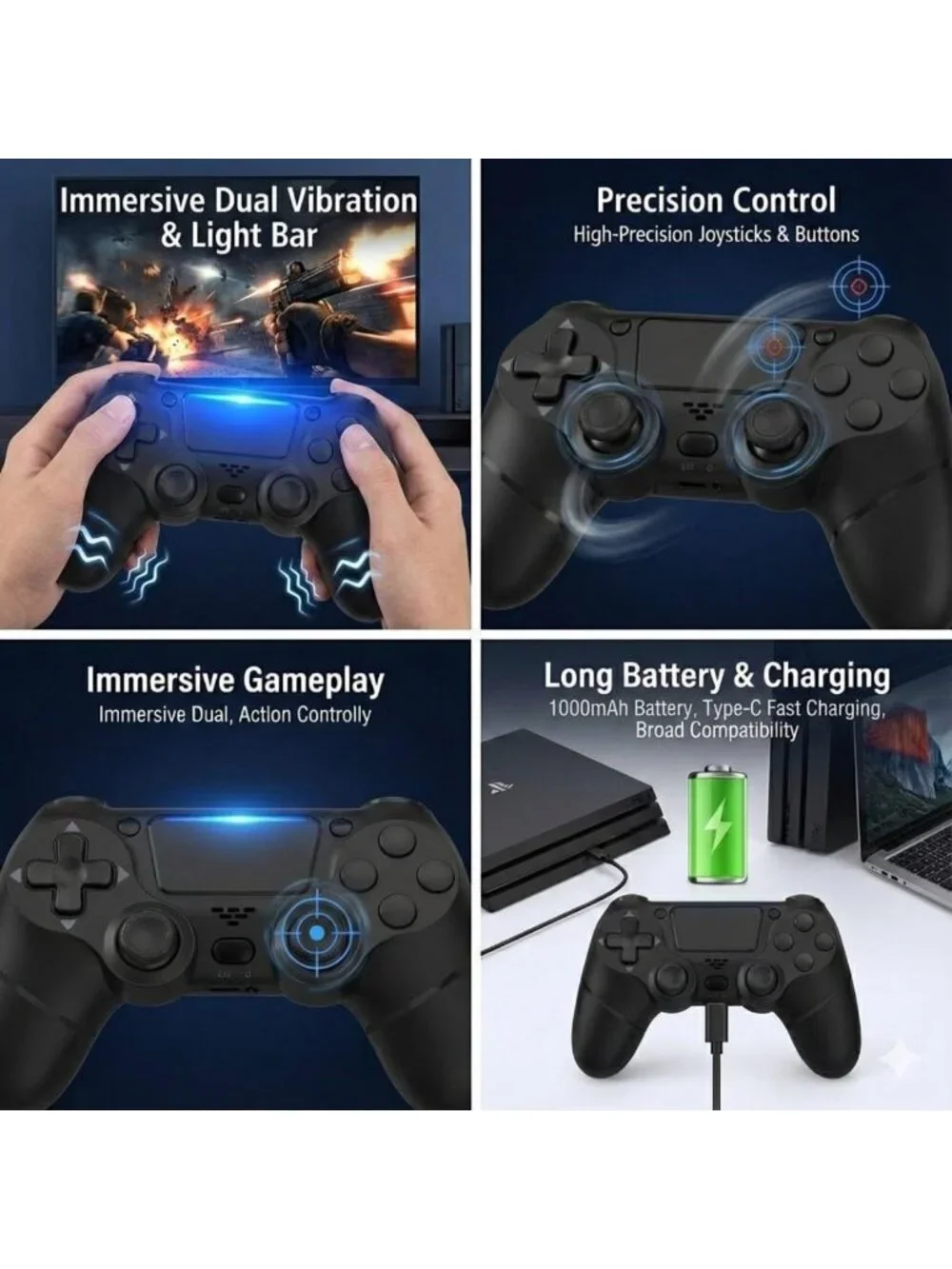 Wireless Game Controller 2-Pack for PS4, Steam, Android, iOS - USB-C Charging